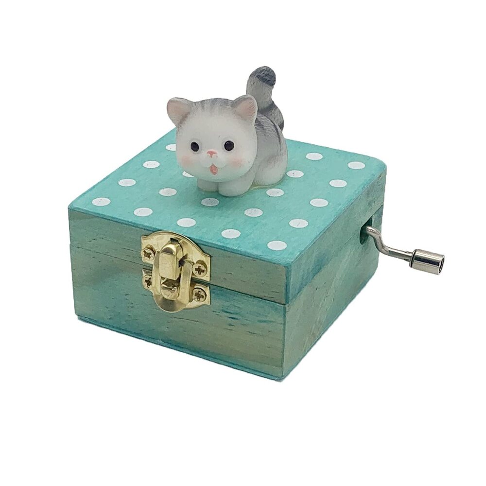1423 Gift Wrapped Mini Wooden Hand Crank Music Box with Lovely Cat Tune: